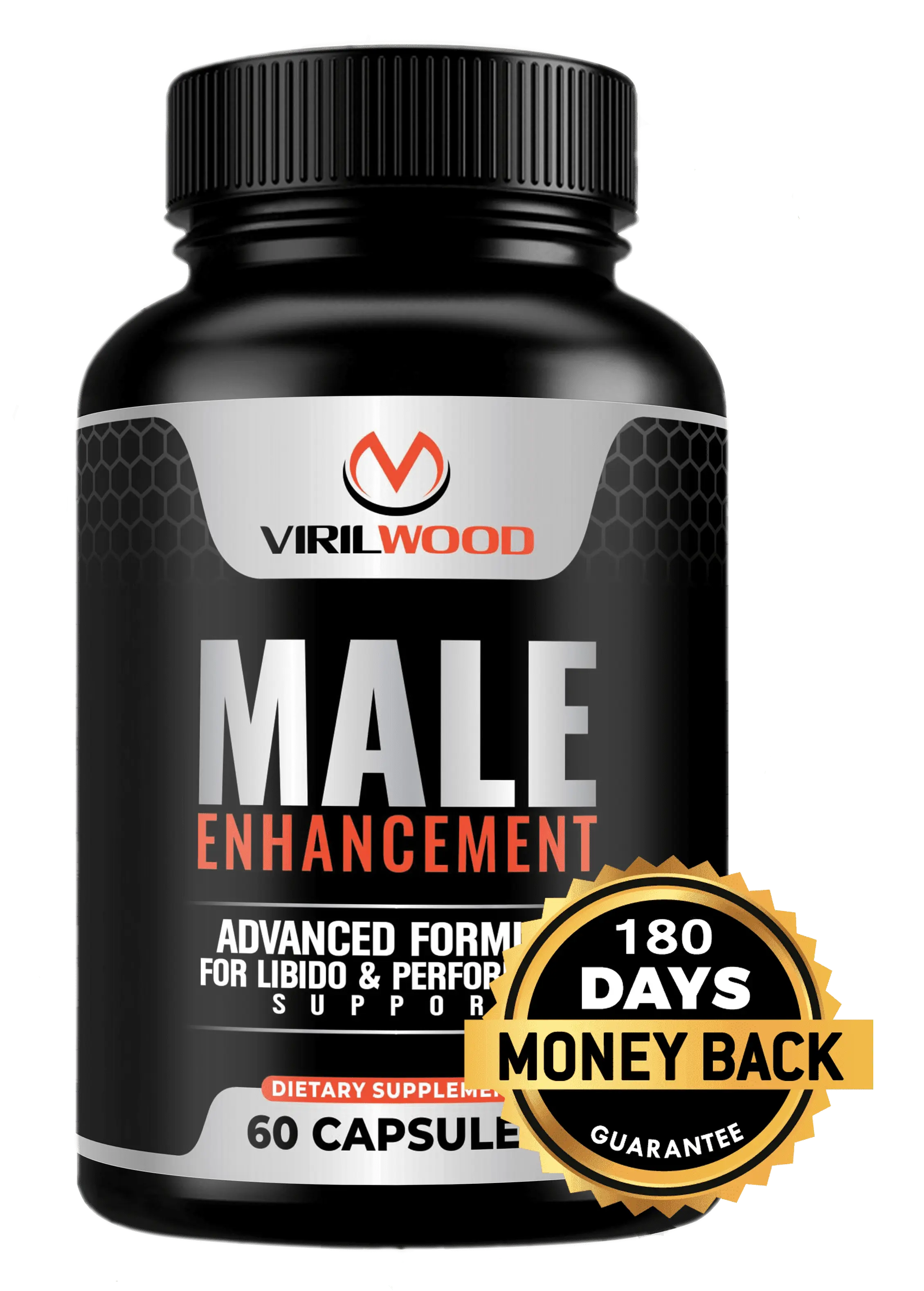 Viril Wood Male Vitality Supplement bottle - 60 capsules with 180-day money-back guarantee badge