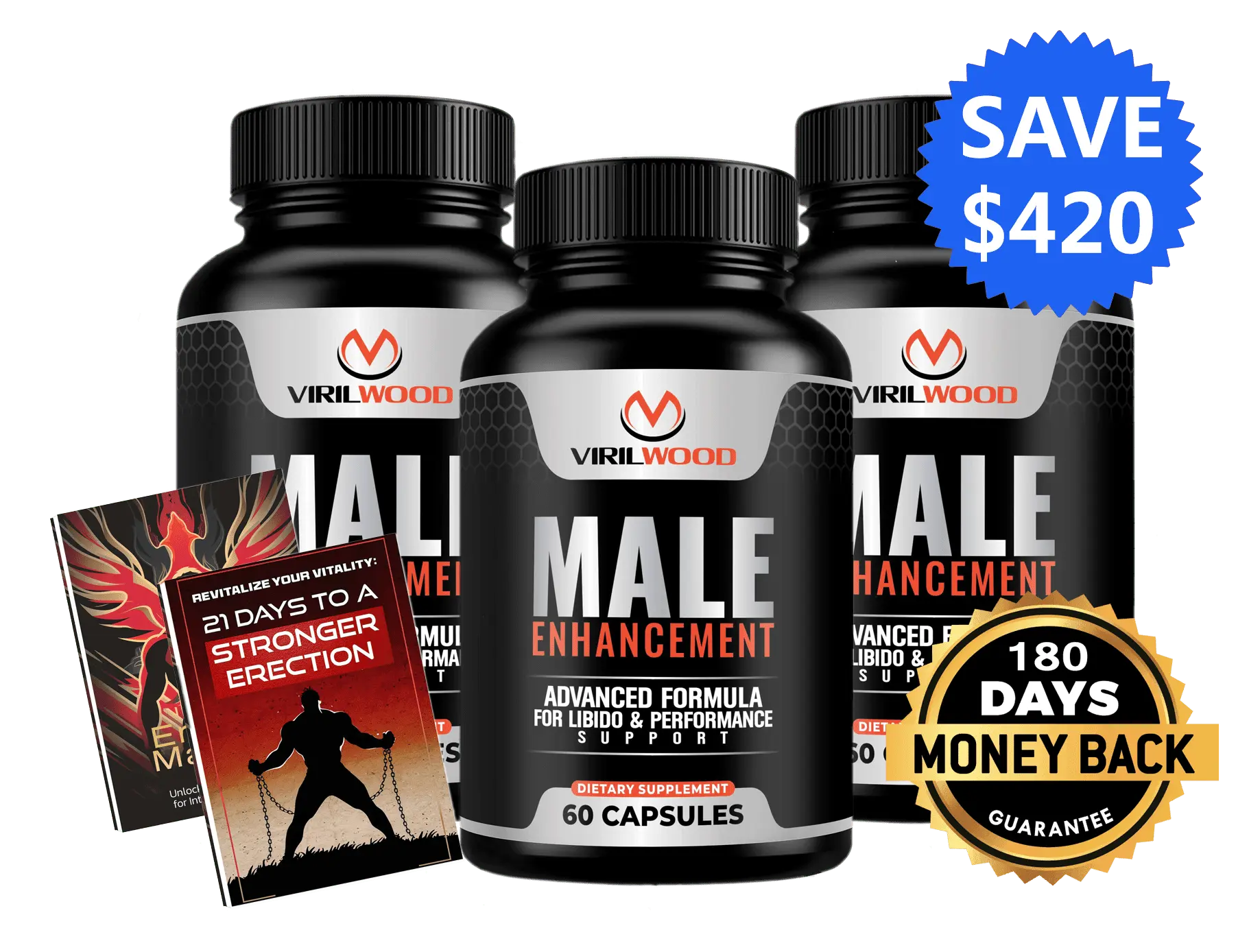 Viril Wood 3-bottle package with bonus ebook and 180-day money-back guarantee seal
