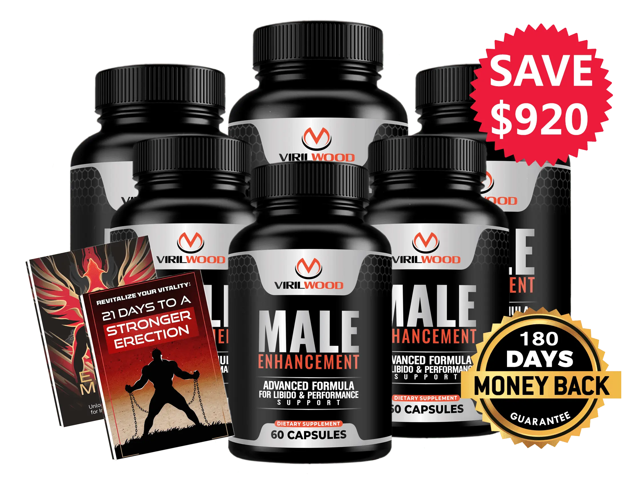 Viril Wood 6-bottle package - 180-day supply with 2 free bonus ebooks and money-back guarantee
